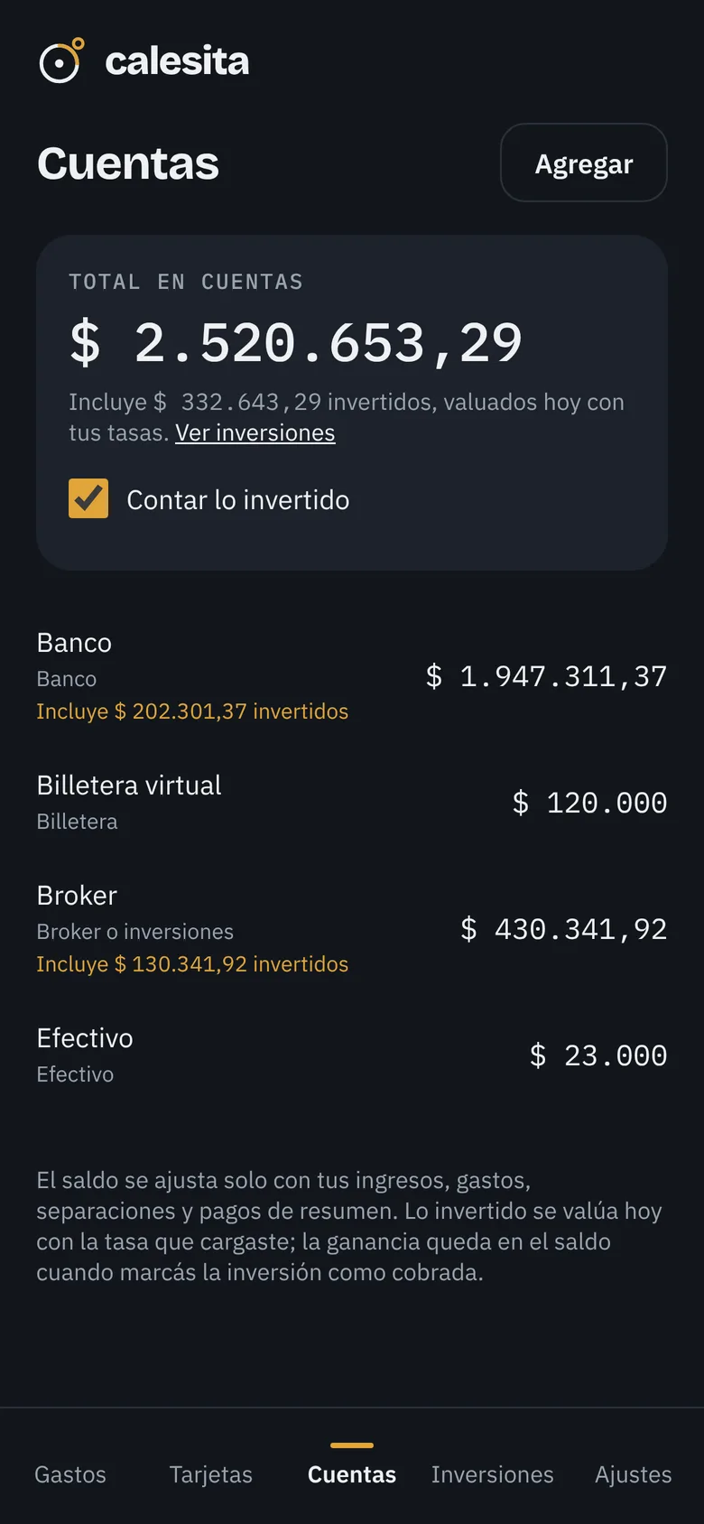 Pantalla Cuentas con el saldo de cada cuenta y lo invertido