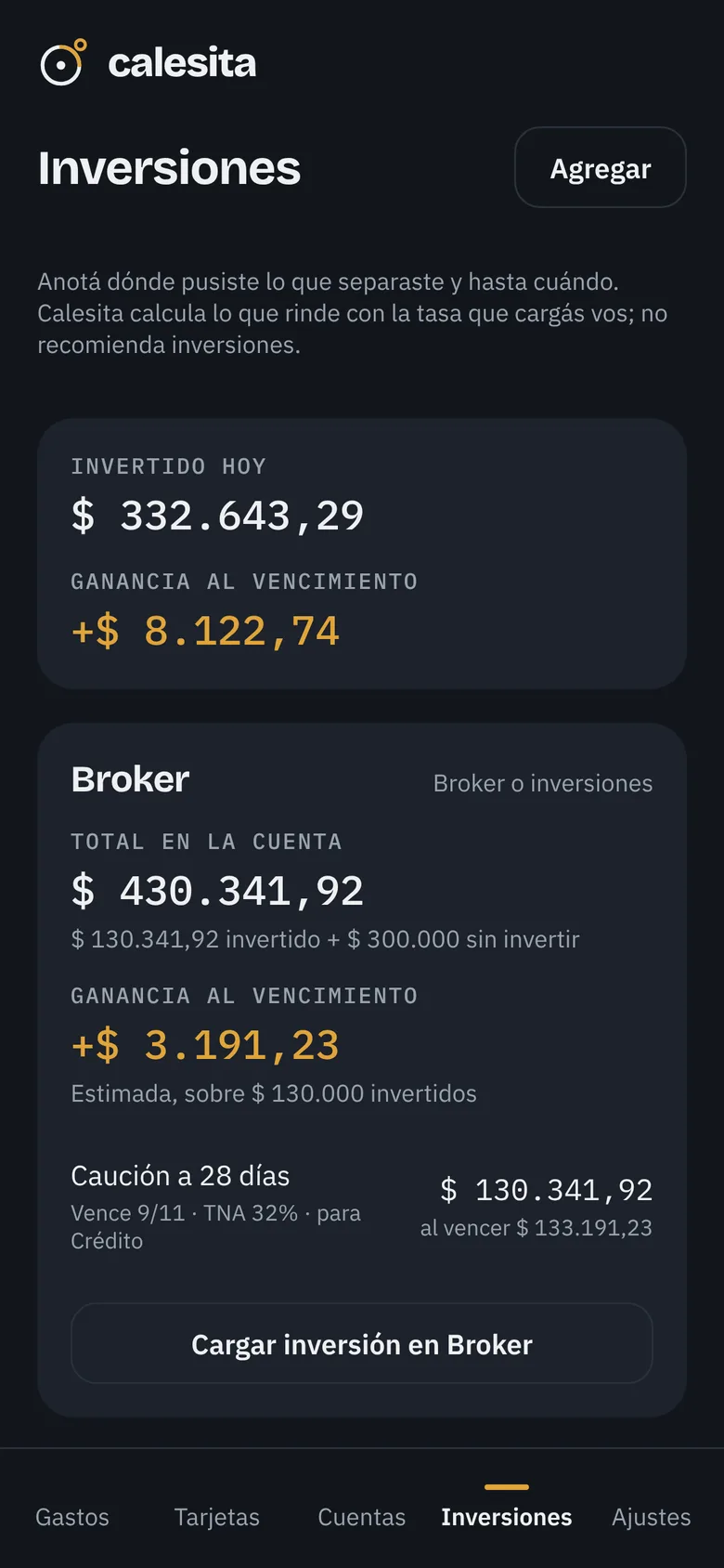 Inversiones agrupadas por cuenta con su valor estimado