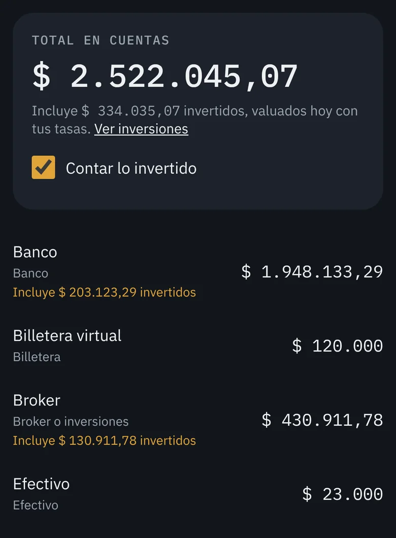 Total en cuentas y el saldo de hoy del banco, la billetera virtual, el broker y el efectivo