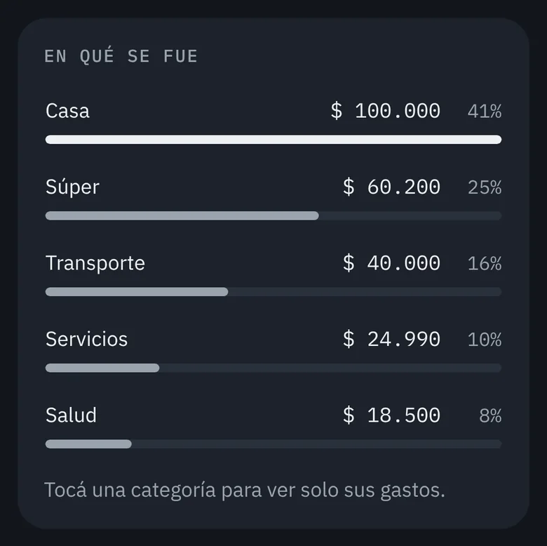 En qué se fue: Casa 41%, Súper 25%, Transporte 16%, Servicios 10% y Salud 8%
