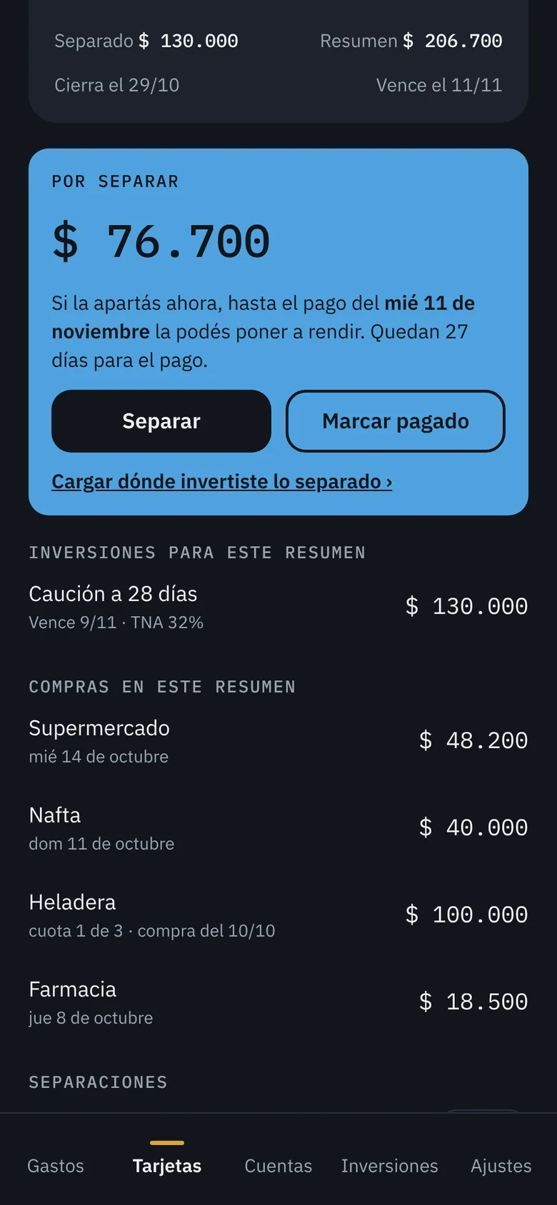 Detalle de un resumen con lo que falta por separar y las compras que lo forman