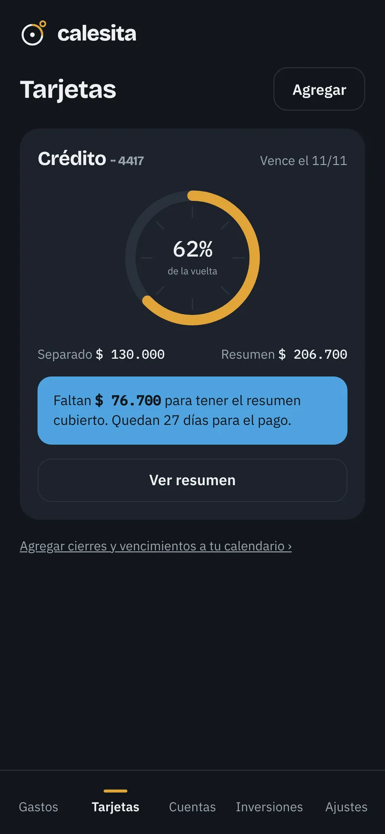 Pantalla Tarjetas de Calesita: el anillo del resumen al 62% y lo que falta para cubrir el pago